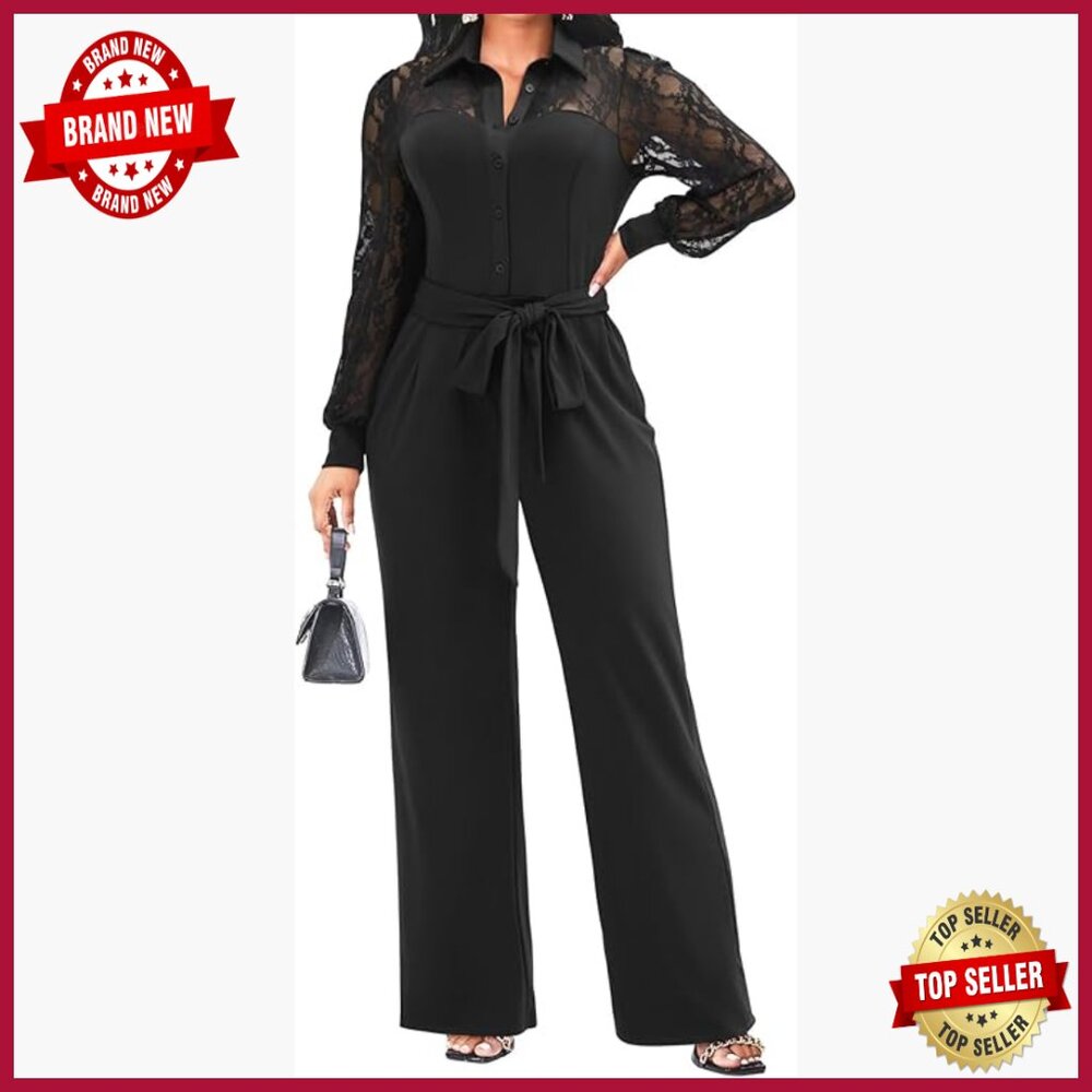 Plus-Size Formal Jumpsuit With Lace Top, Puff Sleeves, Wide Leg